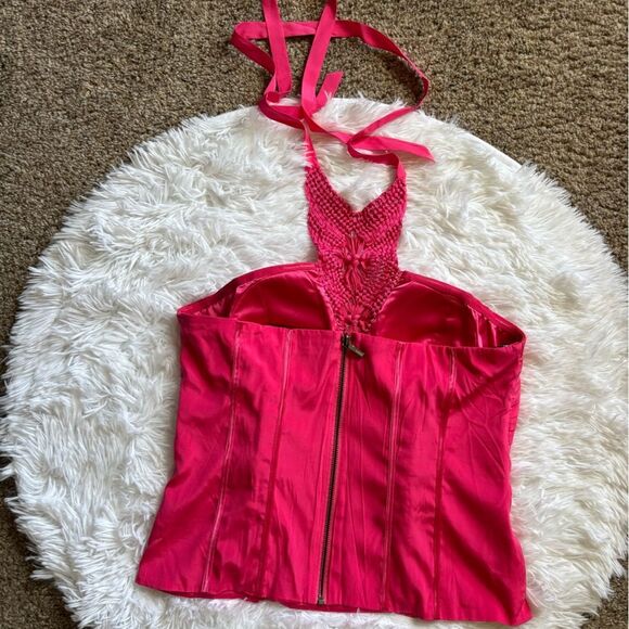 Bebe Corset Halter Top Pink Silk Womens Size Large - Picture 2 of 10